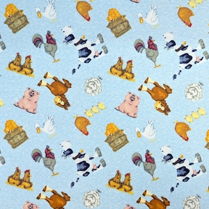 May include: A light blue fabric with a repeating pattern of farm animals and elements. The design includes chickens, roosters, cows, pigs, horses, hay bales, and sheep. The animals are in various poses, creating a playful and whimsical design.