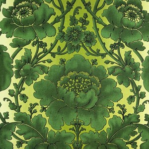 May include: A repeating pattern of large, stylized green flowers and leaves against a light green background. The floral design features detailed shading, creating a sense of depth and texture. The overall aesthetic is reminiscent of vintage wallpaper or fabric.