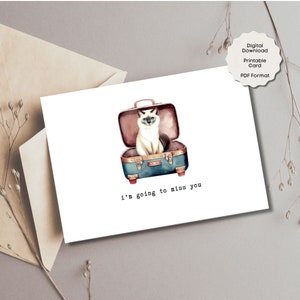 Tarjeta imprimible con el mensaje "Te extraño" de un lindo gato, saludo de larga distancia de un muñeco de trapo, tarjeta de notas en blanco, mensaje personalizado "Te amo", regalo romántico, gato en una maleta