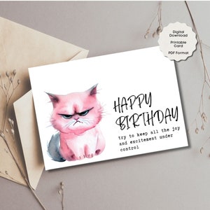 Carte d'anniversaire chat rose grincheux mignon imprimable, carte de voeux vierge d'anniversaire de chat drôle, carte de célébration de la vie, message d'anniversaire personnalisé