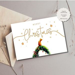 Niedliche Katze druckbare Frohe Weihnachten Karte, Tabby Weihnachtsgruß, Urlaub Bent Tree, Miau Karte, Orange Katzen Briefpapier, Günstige Katzenliebhaber Geschenk