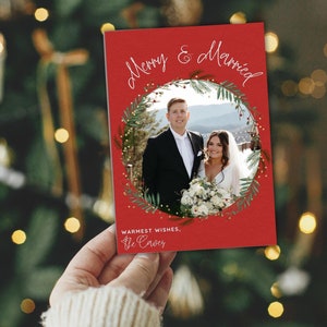 Merry & Married-kerstkaartsjabloon, bewerkbaar op canvas, thuis afdrukken beschikbaar, kerstwenskaart, direct downloaden