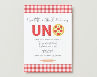 Italian Pizza Party First Birthday Theme Invitation Our Little Meatball is Turning UNO One