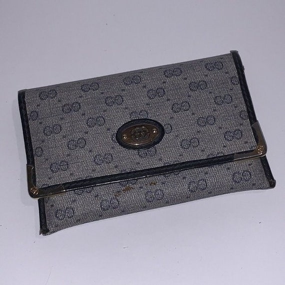 Vintage Gucci Wallet ID Card Holder Canvas Blue Grey Black 