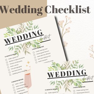May include: A printable wedding checklist with green foliage and floral illustrations. The checklist includes tasks to be completed 12, 9, and 3 months before the wedding.