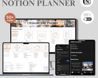 May include: A mockup of a Notion planner with over 50 pages. The planner is shown on a computer screen, a tablet, and a smartphone. The planner includes sections for daily, weekly, monthly, lifestyle, health and fitness, finance, wellness, and productivity. The planner is designed to help users organize their lives and achieve their goals.