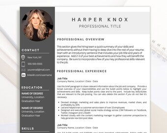 Puede incluir: Una plantilla de currículum gris y blanco con una foto profesional, información de contacto, secciones de educación, experiencia profesional y habilidades. La plantilla incluye el texto "HARPER KNOX" y "TÍTULO PROFESIONAL".