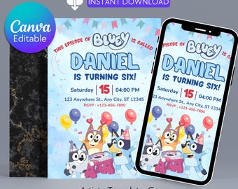 Bluey birthday invitation, editable bluey and bingo birthday invitation bluey birthday party invite, Canva Editable, Instant Download