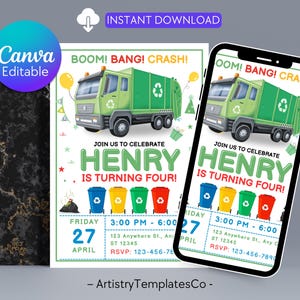 May include: A birthday party invitation featuring a green garbage truck illustration with the text "BOOM! BANG! CRASH!". The invitation includes the text "Join us to celebrate HENRY is turning four!" and event details.