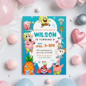 May include: A turquoise birthday invitation featuring cartoon characters. The invitation includes the text "Join us to celebrate Wilson is turning 5!" with event details and a phone number.