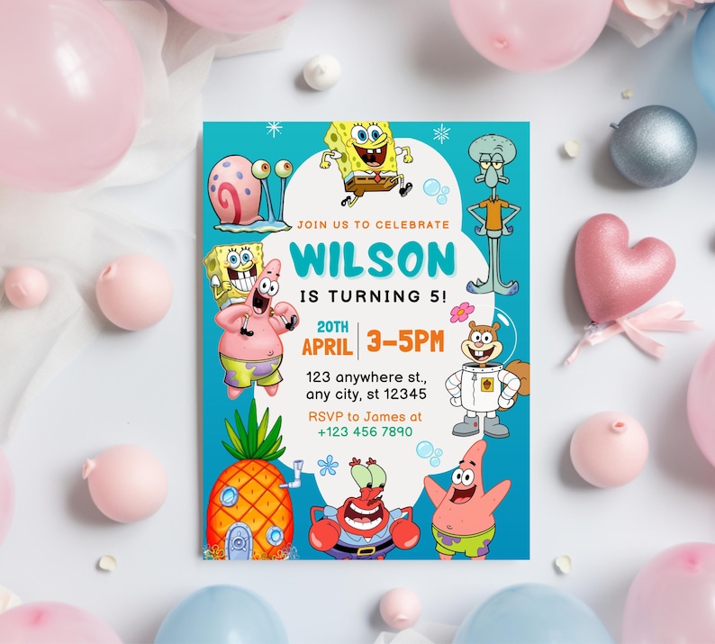 May include: A turquoise birthday invitation featuring cartoon characters. The invitation includes the text "Join us to celebrate Wilson is turning 5!" with event details and a phone number.