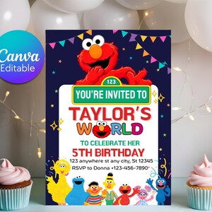 May include: A colorful birthday party invitation featuring Elmo and other Sesame Street characters. The invitation reads "You're Invited to Taylor's World" and includes the party details. The design is set against a dark blue background with decorative elements.