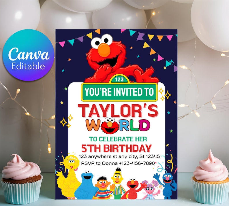 May include: A colorful birthday party invitation featuring Elmo and other Sesame Street characters. The invitation reads "You're Invited to Taylor's World" and includes the party details. The design is set against a dark blue background with decorative elements.