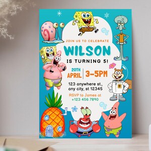 May include: A colourful birthday invitation with cartoon characters on a turquoise background. The invitation reads "Join us to celebrate Wilson is turning 5!" with the date, time, and location.