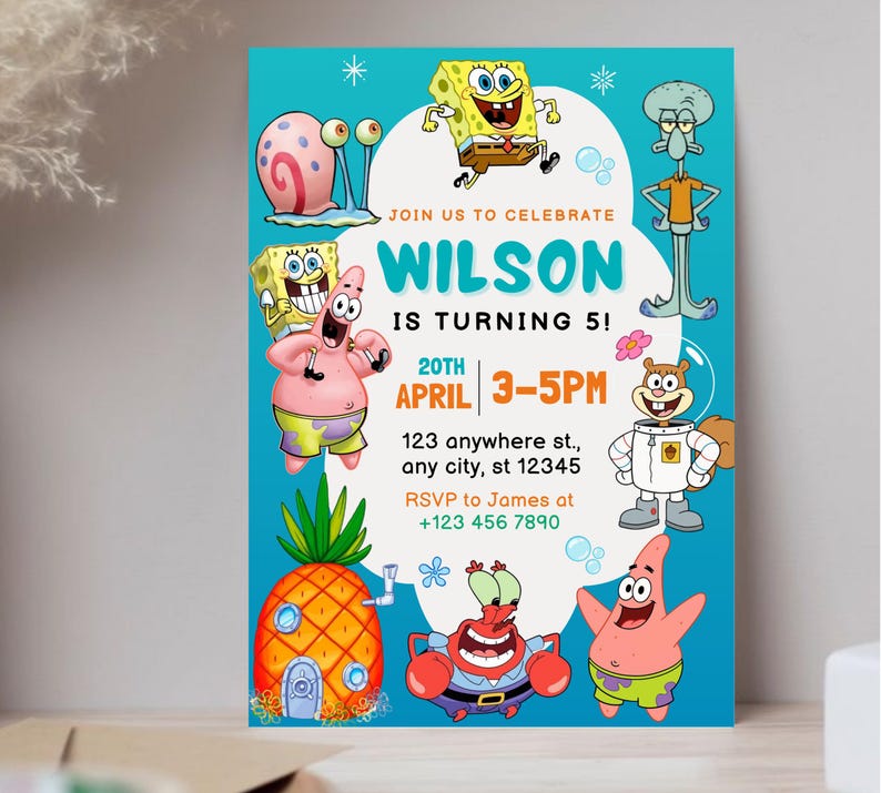 May include: A colourful birthday invitation with cartoon characters on a turquoise background. The invitation reads "Join us to celebrate Wilson is turning 5!" with the date, time, and location.