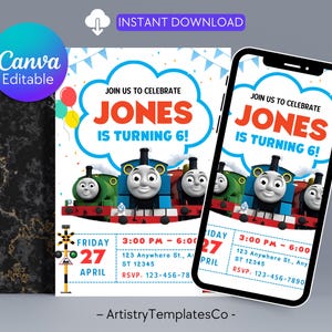 May include: A birthday party invitation featuring a blue and red Thomas the Tank Engine design. The invitation reads "Join us to celebrate Jones is turning 6!" with event details. The design is also displayed on a smartphone.
