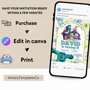 Monsters Inc Birthday Invitation, Monsters Inc Editable Kids Invitation, Monsters Inc Kids Party, Digital Kids Invitation Template image 9