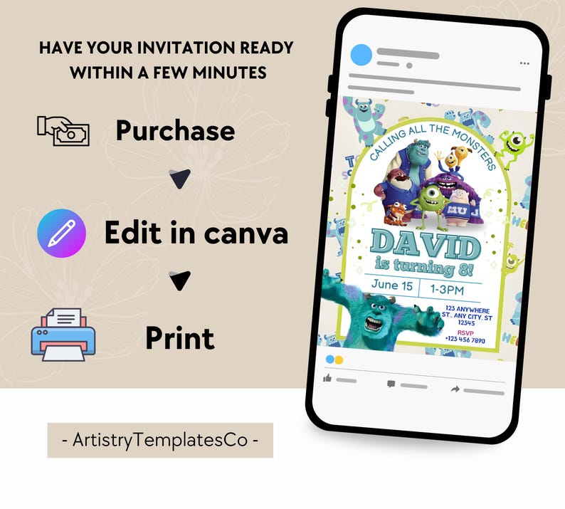 Monsters Inc Birthday Invitation, Monsters Inc Editable Kids Invitation, Monsters Inc Kids Party, Digital Kids Invitation Template image 9