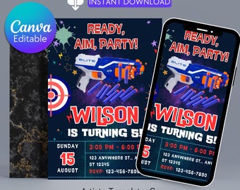 Kids Editable Nerf Birthday Invitation, Birthday Nerf Party Invitations, Digital Kids Party Invite Template, Canva Invitation Template
