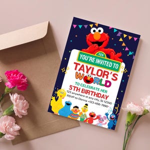 May include: A birthday invitation featuring the text "YOU'RE INVITED TO TAYLOR'S WORLD" with the number 123. The invitation includes the phrase "TO CELEBRATE HER 5TH BIRTHDAY" and the RSVP information. The design includes Sesame Street characters.
