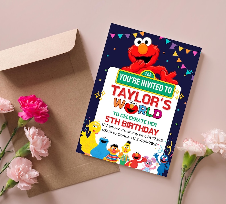 May include: A birthday invitation featuring the text "YOU'RE INVITED TO TAYLOR'S WORLD" with the number 123. The invitation includes the phrase "TO CELEBRATE HER 5TH BIRTHDAY" and the RSVP information. The design includes Sesame Street characters.