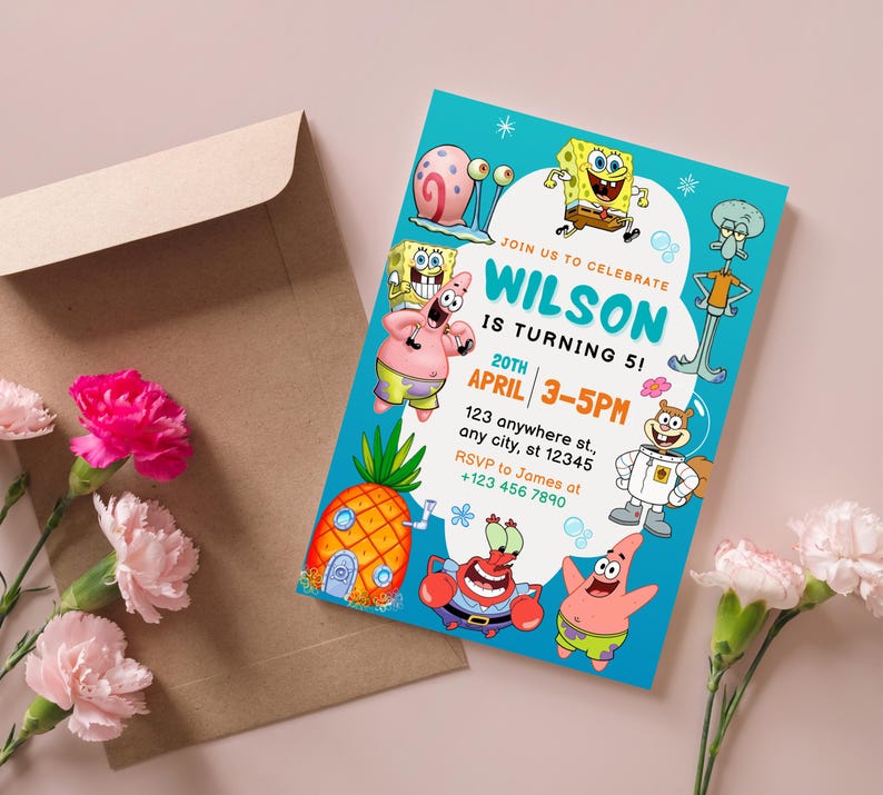 May include: A teal birthday invitation featuring cartoon characters from a popular animated series. The invitation reads "Join us to celebrate Wilson is turning 5!" with event details. A brown envelope and pink flowers are in the background.