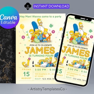 Puede incluir: Una invitación de fiesta de cumpleaños con la familia Simpson. La invitación incluye el texto "¡Únete a nosotros para celebrar que James cumple cuatro años!" y los detalles del evento. El diseño está sobre un fondo amarillo claro con gráficos de dibujos animados.