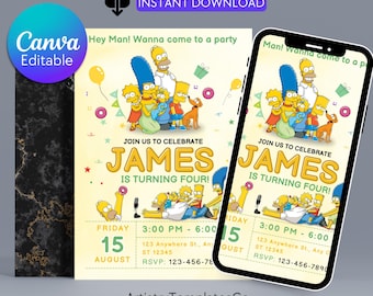 Editable Simpsons Birthday Invitation, Printable Birthday Party Invitations, Digital Kids Bday Party Invite Template, Invite Bday Card