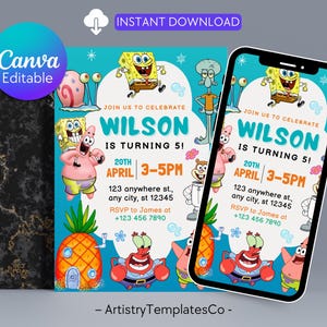 Op de afbeelding: Een digitale uitnodiging met stripfiguren. De uitnodiging is voor een verjaardagsfeest, met de naam "Wilson" en de datum en tijd van het evenement. Het ontwerp bevat de tekst "Canva Editable" en "Instant Download".