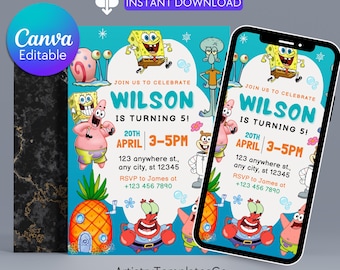Editable Sponge Birthday Invitation: 5x7 Cartoon Party Template (Digital Download), Printable Sponge bob invite, Digital Kids Invite