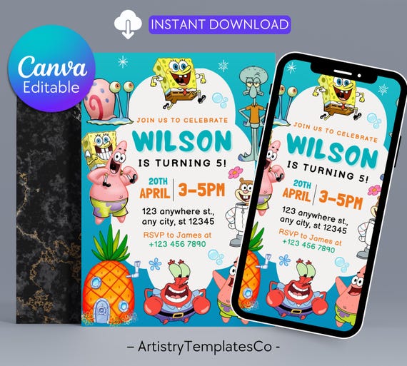 Editable Sponge Birthday Invitation: 5x7 Cartoon Party Template (Digital Download), Printable Sponge bob invite, Digital Kids Invite