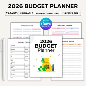 Puede incluir: Un planificador de presupuesto blanco de 2026 con el texto "2026 BUDGET PLANNER" en la parte superior. El planificador incluye secciones para gastos anuales, seguimiento de cuentas y un rastreador de gastos. La imagen también incluye el texto "73-PAGES PRINTABLE INSTANT DOWNLOAD US LETTER SIZE".