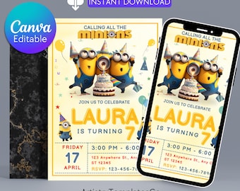 Minions Birthday Invitation, Editable Minion Kids Birthday Invitation, Printable Birthday Invite, Digital Kid Party Invite, Instant Download