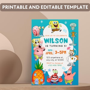 May include: A blue birthday invitation with cartoon characters. The invitation says "Join us to celebrate Wilson is turning 5!" with event details and RSVP information. The words "Printable and Editable Template" are at the top. The measurements are in cm.