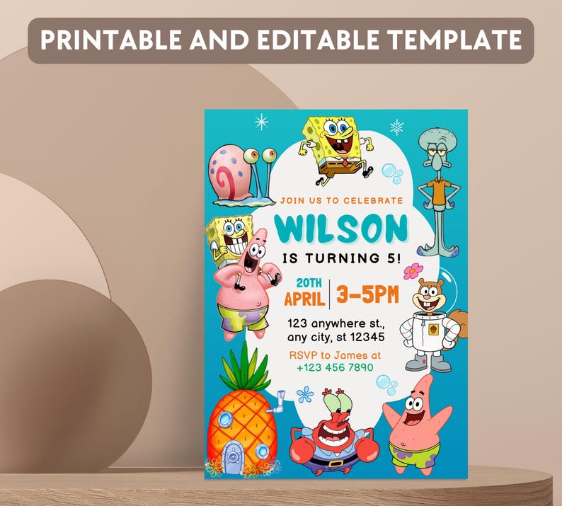 May include: A blue birthday invitation with cartoon characters. The invitation says "Join us to celebrate Wilson is turning 5!" with event details and RSVP information. The words "Printable and Editable Template" are at the top. The measurements are in cm.