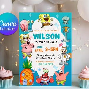 May include: A teal birthday party invitation featuring cartoon characters from SpongeBob SquarePants. The invitation includes the text "JOIN US TO CELEBRATE WILSON IS TURNING 5!" and event details. A Canva Editable logo is in the upper left corner.