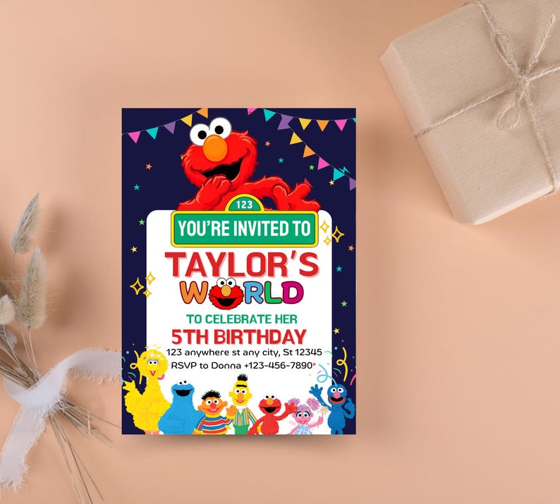 May include: A birthday invitation featuring the Sesame Street character, Elmo, with the text "You're Invited to Taylor's World" and details for a 5th birthday celebration. The invitation is on a navy blue background with colorful accents.