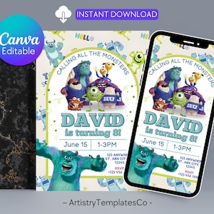 Monsters Inc Birthday Invitation, Monsters Inc Editable Kids Invitation, Monsters Inc Kids Party, Digital Kids Invitation Template