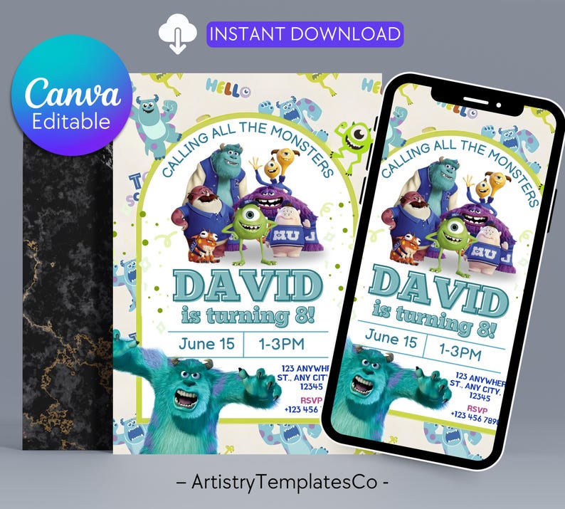 Monsters Inc Birthday Invitation, Monsters Inc Editable Kids Invitation, Monsters Inc Kids Party, Digital Kids Invitation Template image 1
