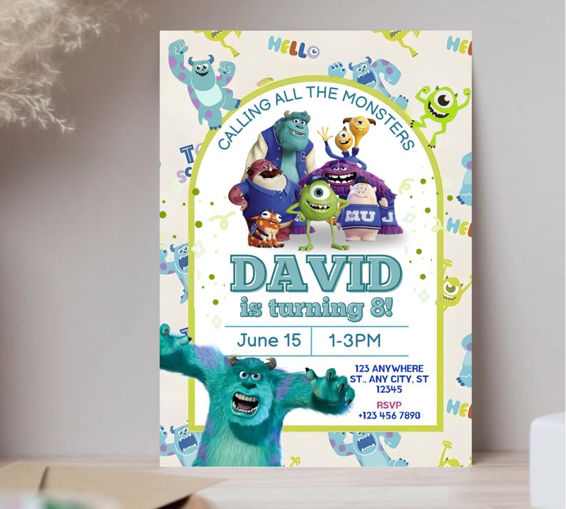 Monsters Inc Birthday Invitation, Monsters Inc Editable Kids Invitation, Monsters Inc Kids Party, Digital Kids Invitation Template image 3