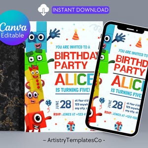 Puede incluir: Una invitación de cumpleaños con personajes de bloques coloridos y el texto "¡Estás invitado/a a una fiesta de cumpleaños, Alice cumple cinco años!" La invitación incluye la fecha, la hora y la información de confirmación de asistencia. Un smartphone muestra la misma invitación.