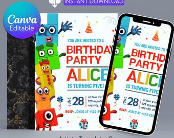 Number blocks, Editable Kids Birthday Invitation, Number blocks Birthday Party, Digital Kids Party Invite, Number block themed Invitation