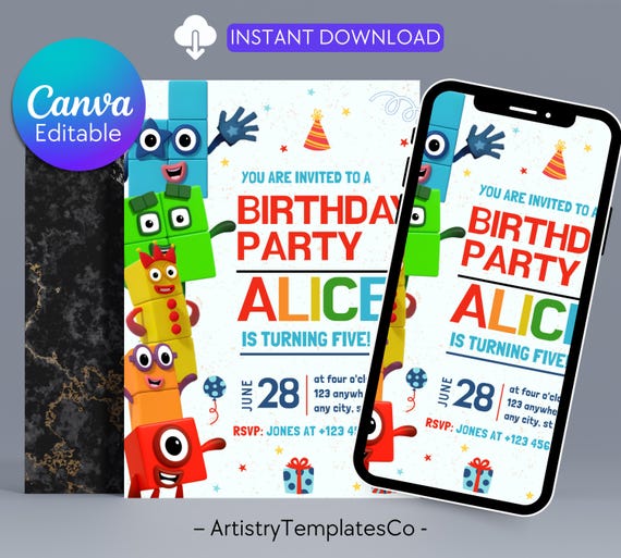 Number blocks, Editable Kids Birthday Invitation, Number blocks Birthday Party, Digital Kids Party Invite, Number block themed Invitation
