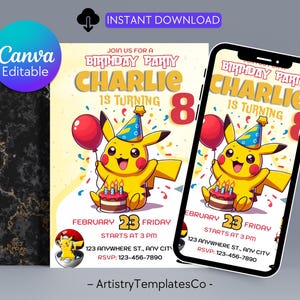 May include: A birthday party invitation featuring a yellow cartoon character holding a red balloon and a cake. The invitation reads "Charlie is turning 8" with the date and time of the party. The design includes the text "Canva Editable" and "Instant Download".