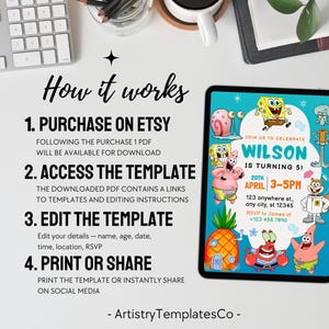 May include: A digital tablet shows a vibrant birthday party invitation with cartoon characters. The invitation reads "Join us to celebrate Wilson is turning 5!" and includes event details. Instructions on how to purchase, access, edit, and print the template are also shown.