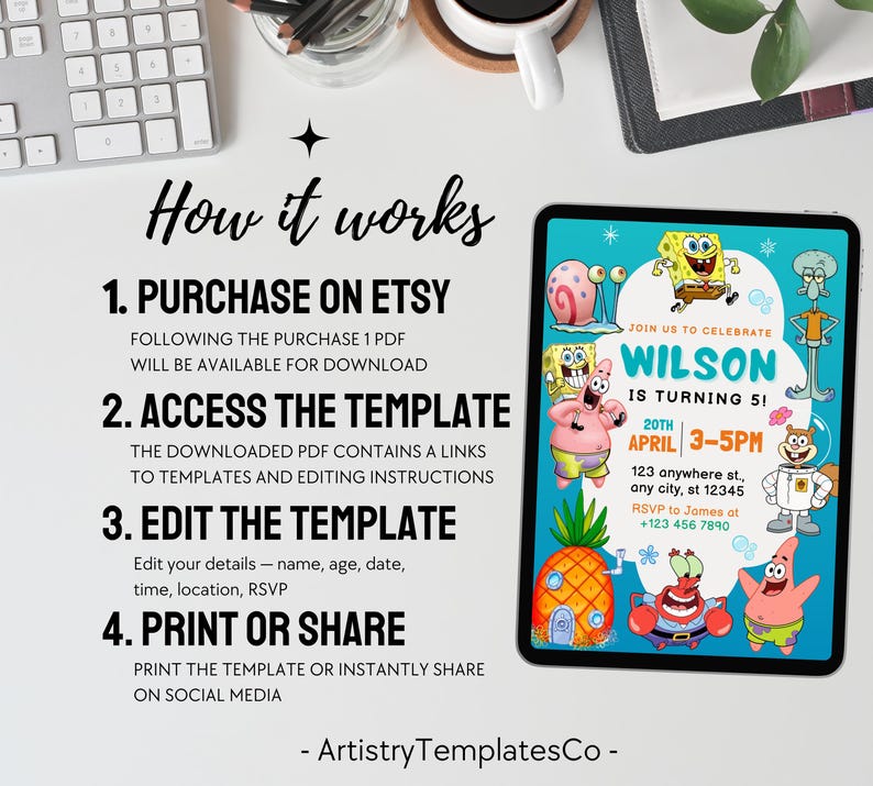 May include: A digital tablet shows a vibrant birthday party invitation with cartoon characters. The invitation reads "Join us to celebrate Wilson is turning 5!" and includes event details. Instructions on how to purchase, access, edit, and print the template are also shown.
