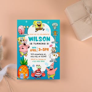 May include: A blue birthday party invitation featuring SpongeBob SquarePants characters. The invitation says "WILSON IS TURNING 5!" with the date and time. The invitation also includes an RSVP phone number.