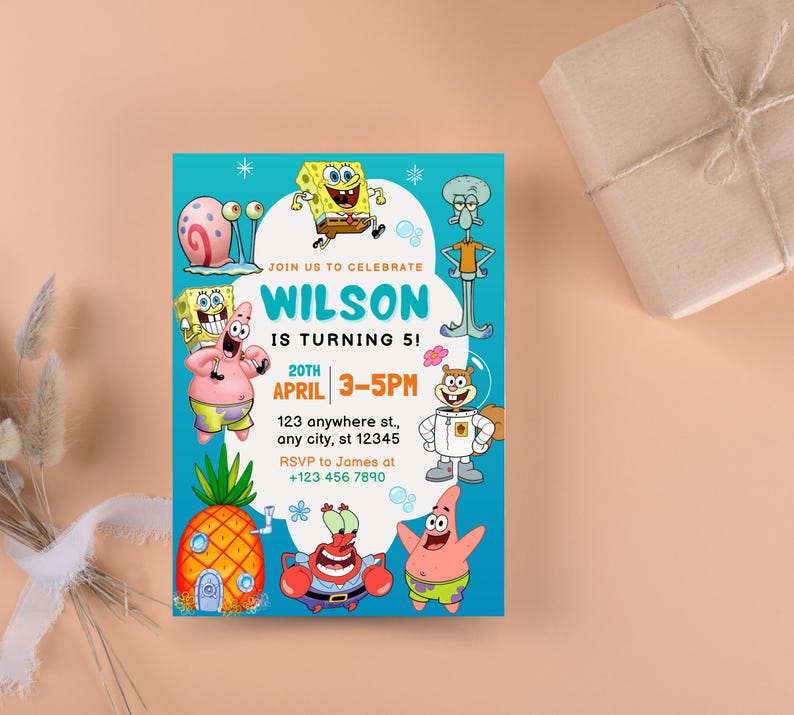 May include: A blue birthday party invitation featuring SpongeBob SquarePants characters. The invitation says "WILSON IS TURNING 5!" with the date and time. The invitation also includes an RSVP phone number.