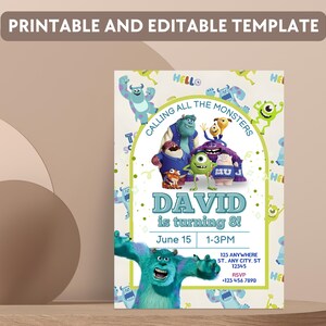 Monsters Inc Birthday Invitation, Monsters Inc Editable Kids Invitation, Monsters Inc Kids Party, Digital Kids Invitation Template image 2