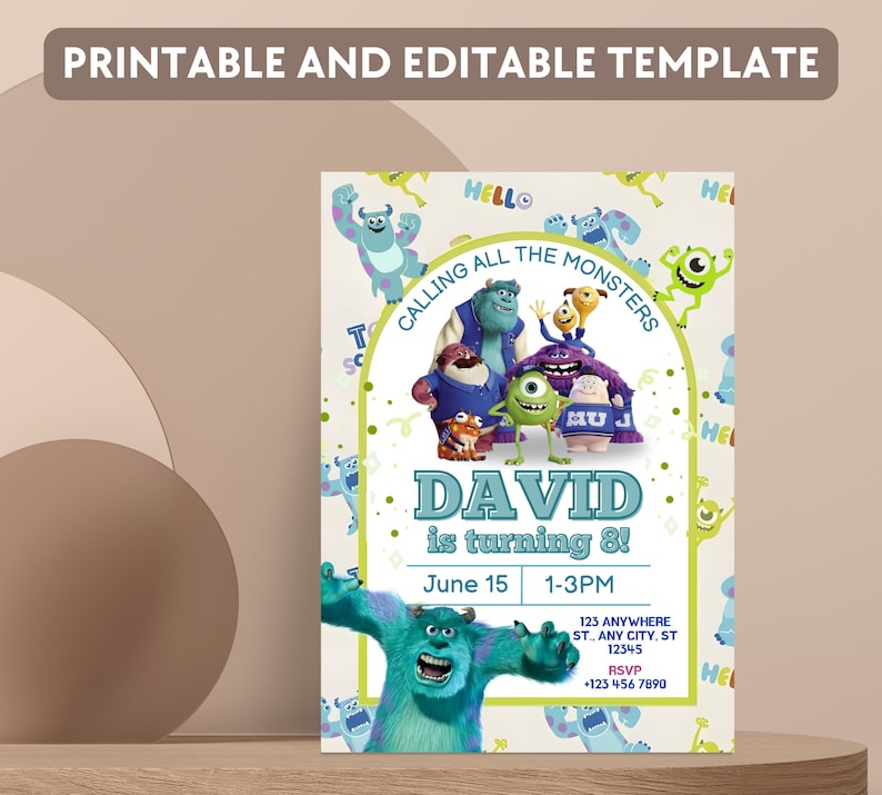 Monsters Inc Birthday Invitation, Monsters Inc Editable Kids Invitation, Monsters Inc Kids Party, Digital Kids Invitation Template image 2